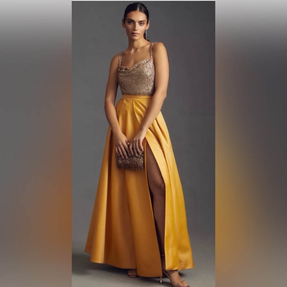 NWT Anthropologie Nikita Mhaisalkar High Slit Maxi Skirt in Gold Petite SMALL